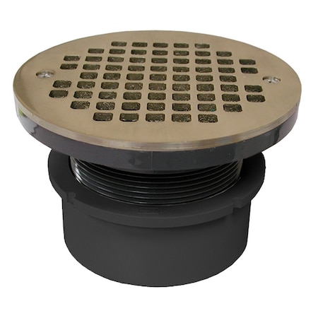 Jones Stephens 4in. PVC Hub Fit Drain Base with 3-1/2in. Plastic Spud and 5in. Nickel Bronze Strainer D53058